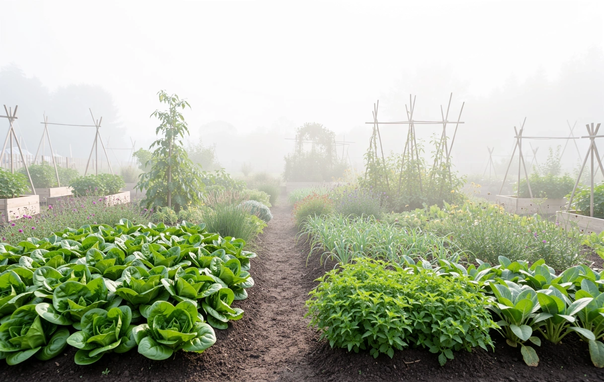 Potager biologique français sous la brume matinale